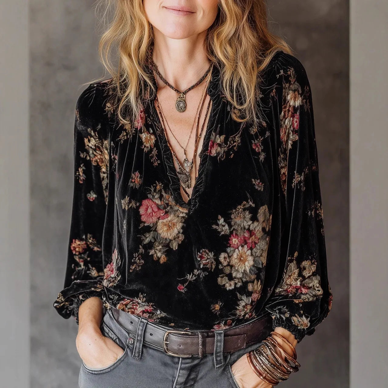 Amara · Top retro con estampado y cuello en V