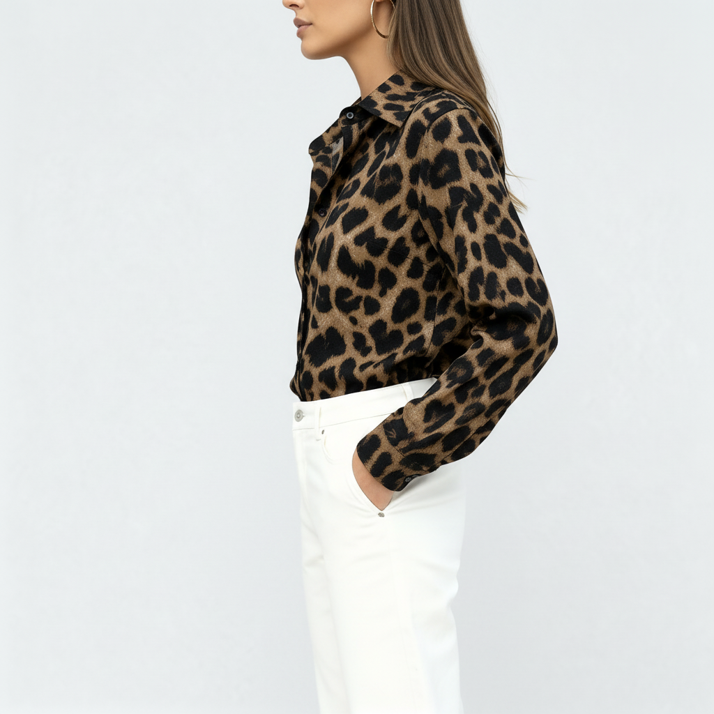 Camisa de Manga Larga con Estampado Leopardo y Hebilla