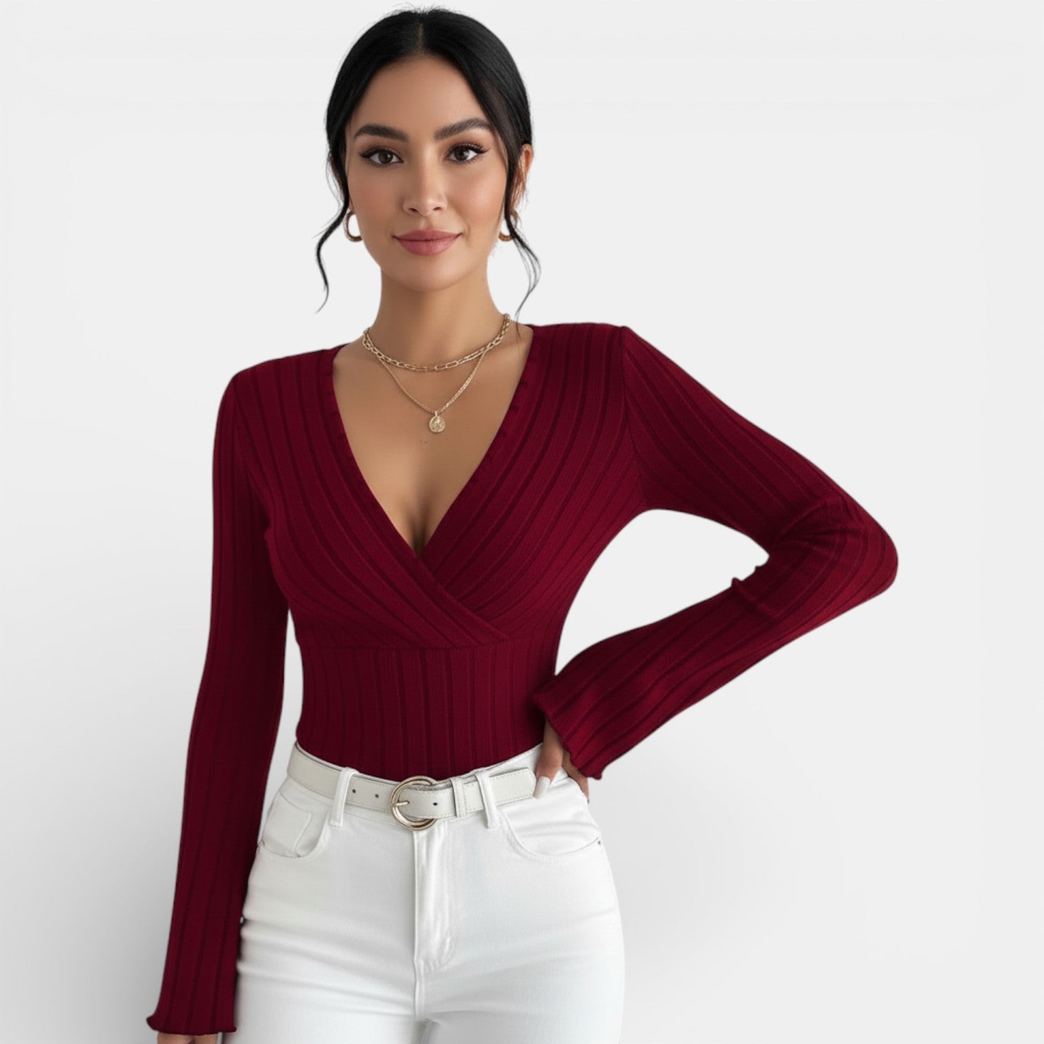 Camiseta Mujer Canalé Escote V Manga Larga