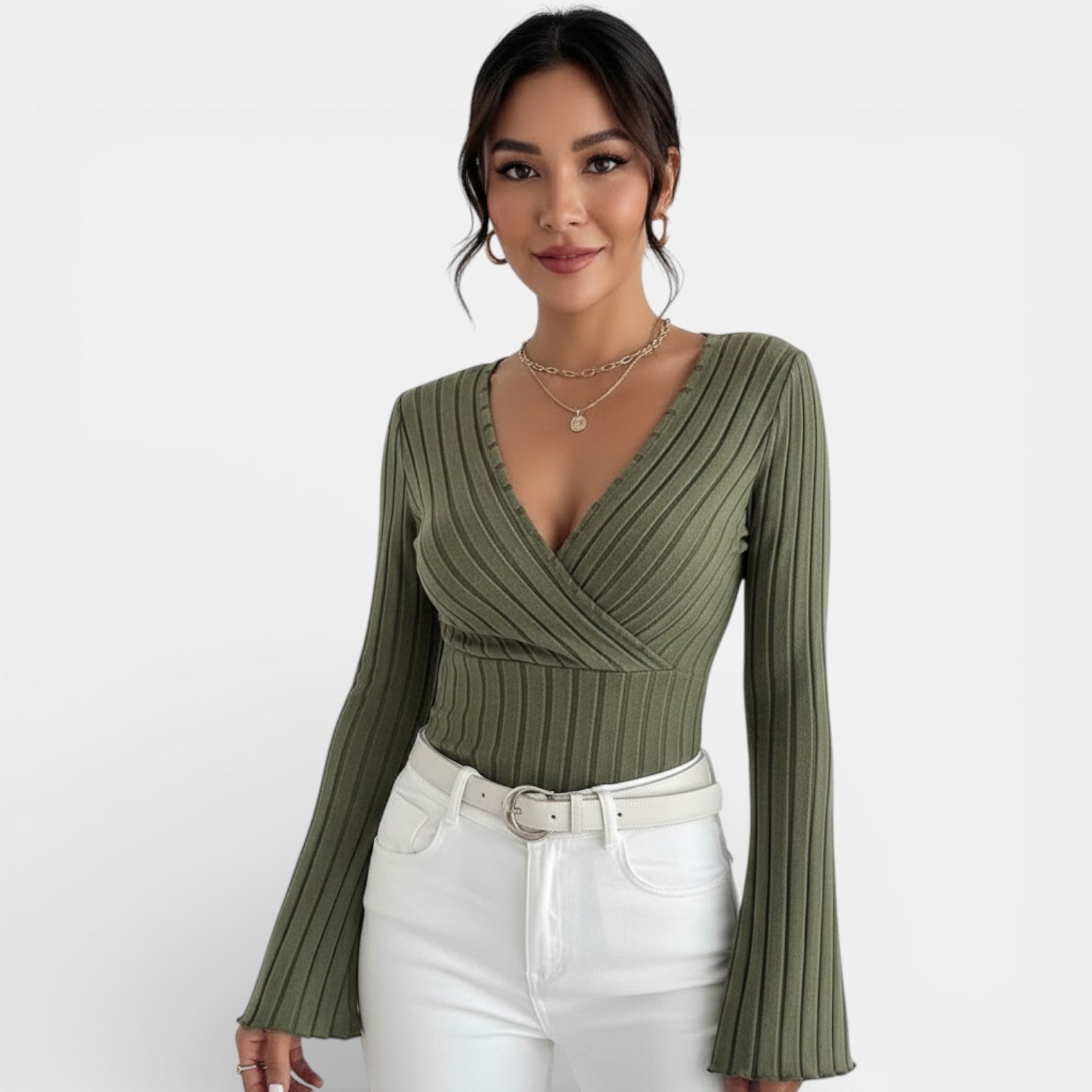 Camiseta Mujer Canalé Escote V Manga Larga