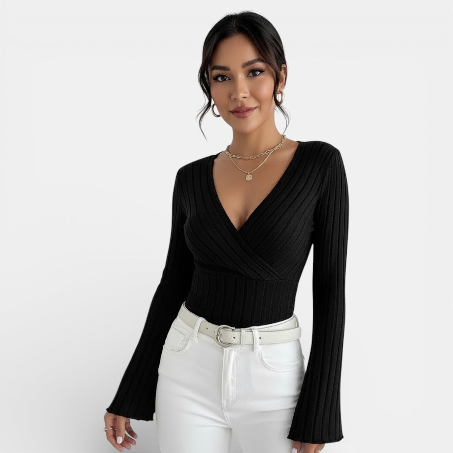 Camiseta Mujer Canalé Escote V Manga Larga