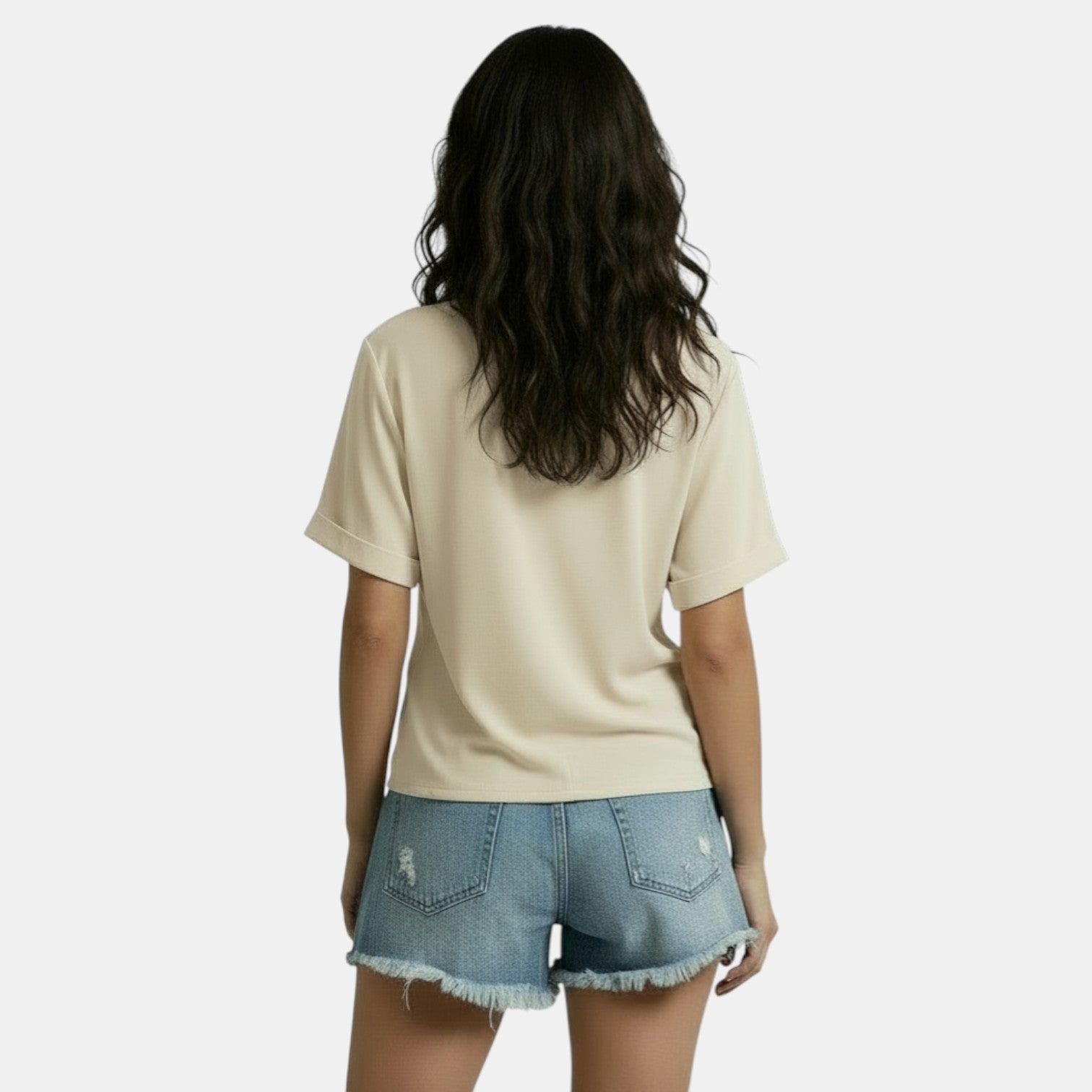 Camiseta Mujer Cuello V Nudo Irregular Casual Chic