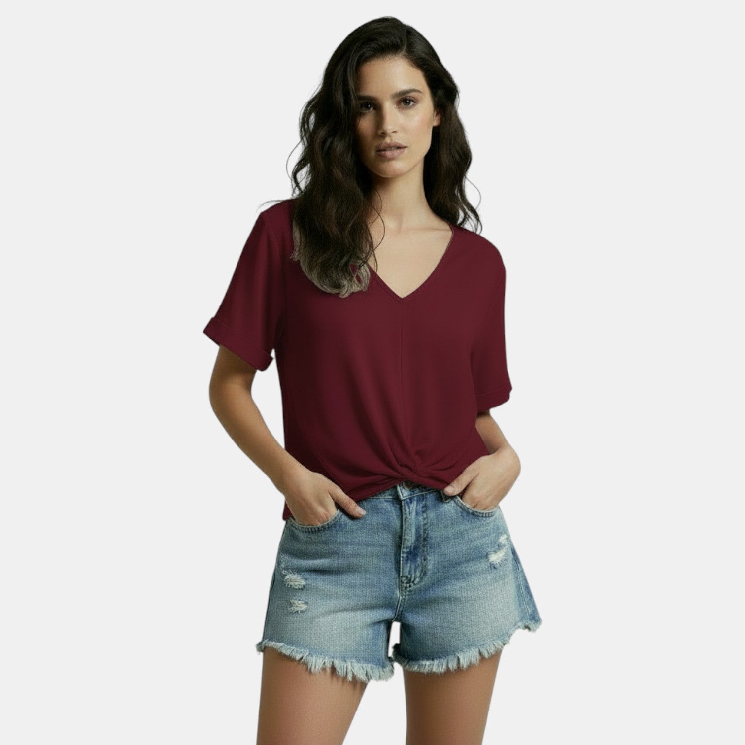 Camiseta Mujer Cuello V Nudo Irregular Casual Chic