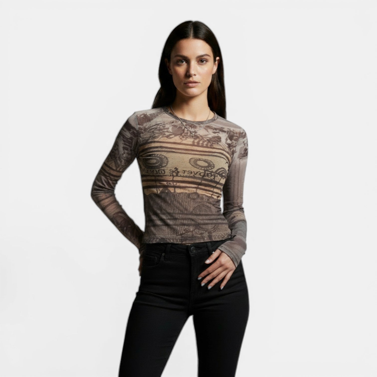 Camiseta Mujer de Malla Estampada Manga Larga Ajuste Ligero