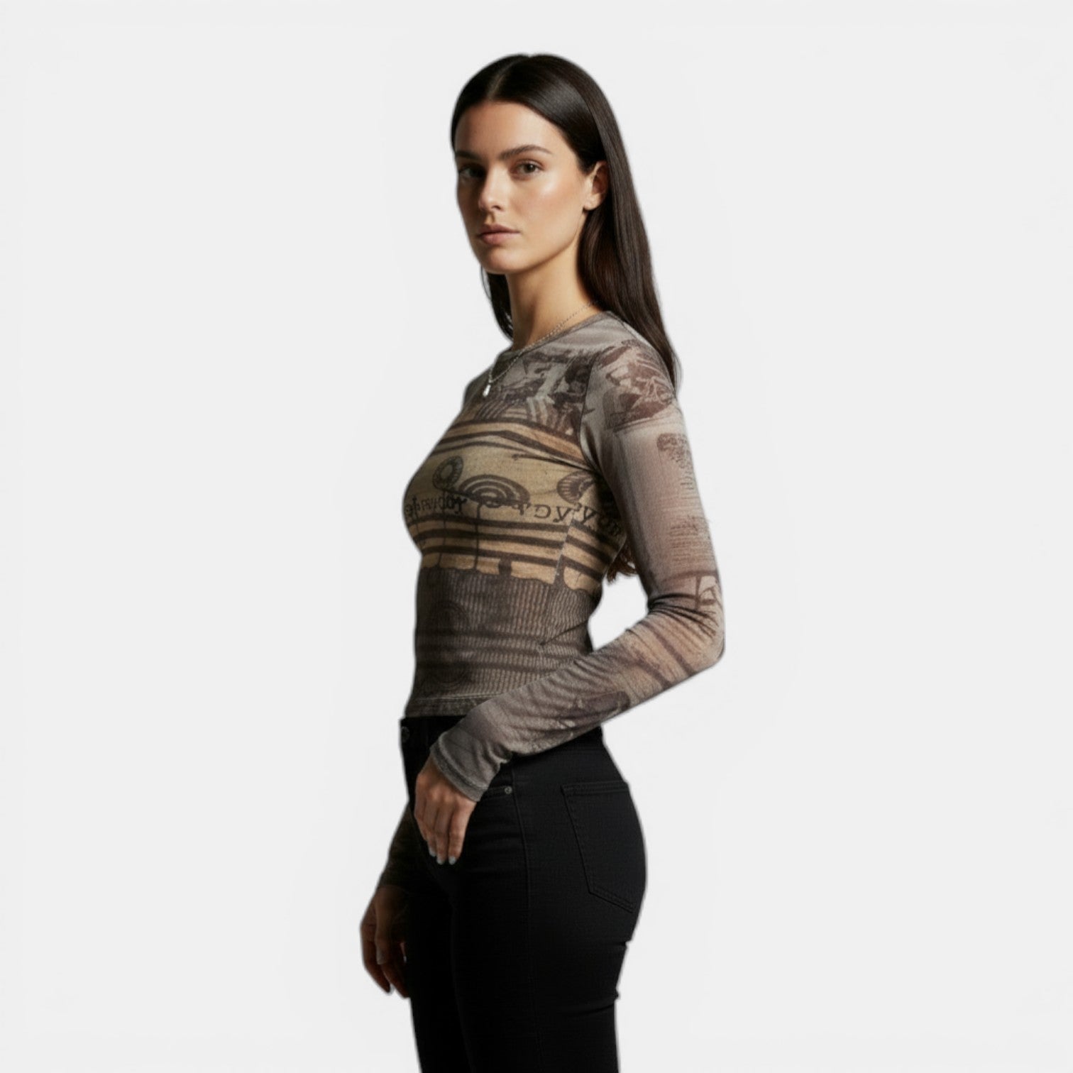 Camiseta Mujer de Malla Estampada Manga Larga Ajuste Ligero