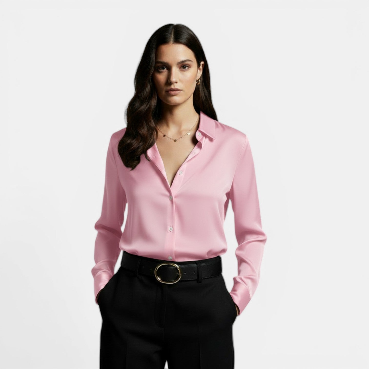 Camisa Mujer Holgada con Solapa y Botones Manga Larga