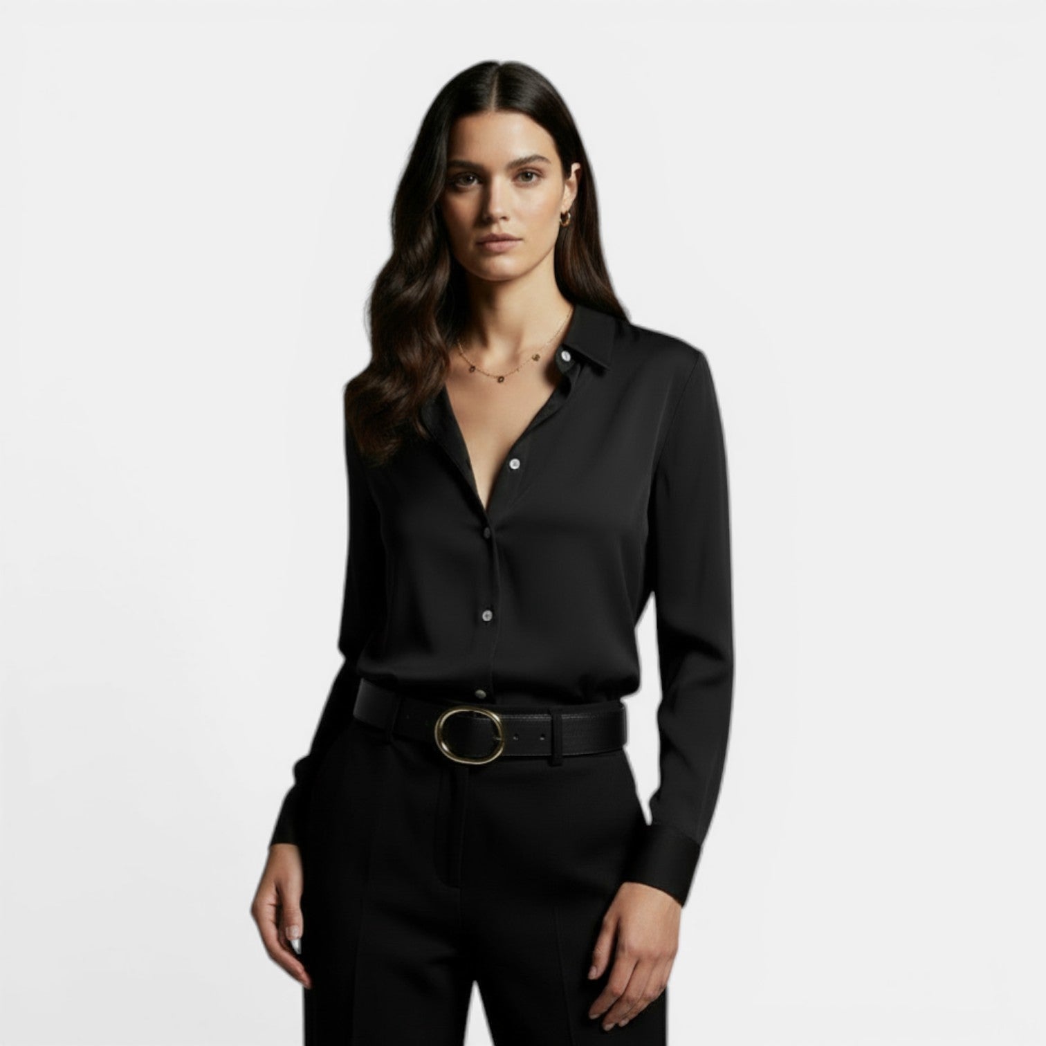 Camisa Mujer Holgada con Solapa y Botones Manga Larga