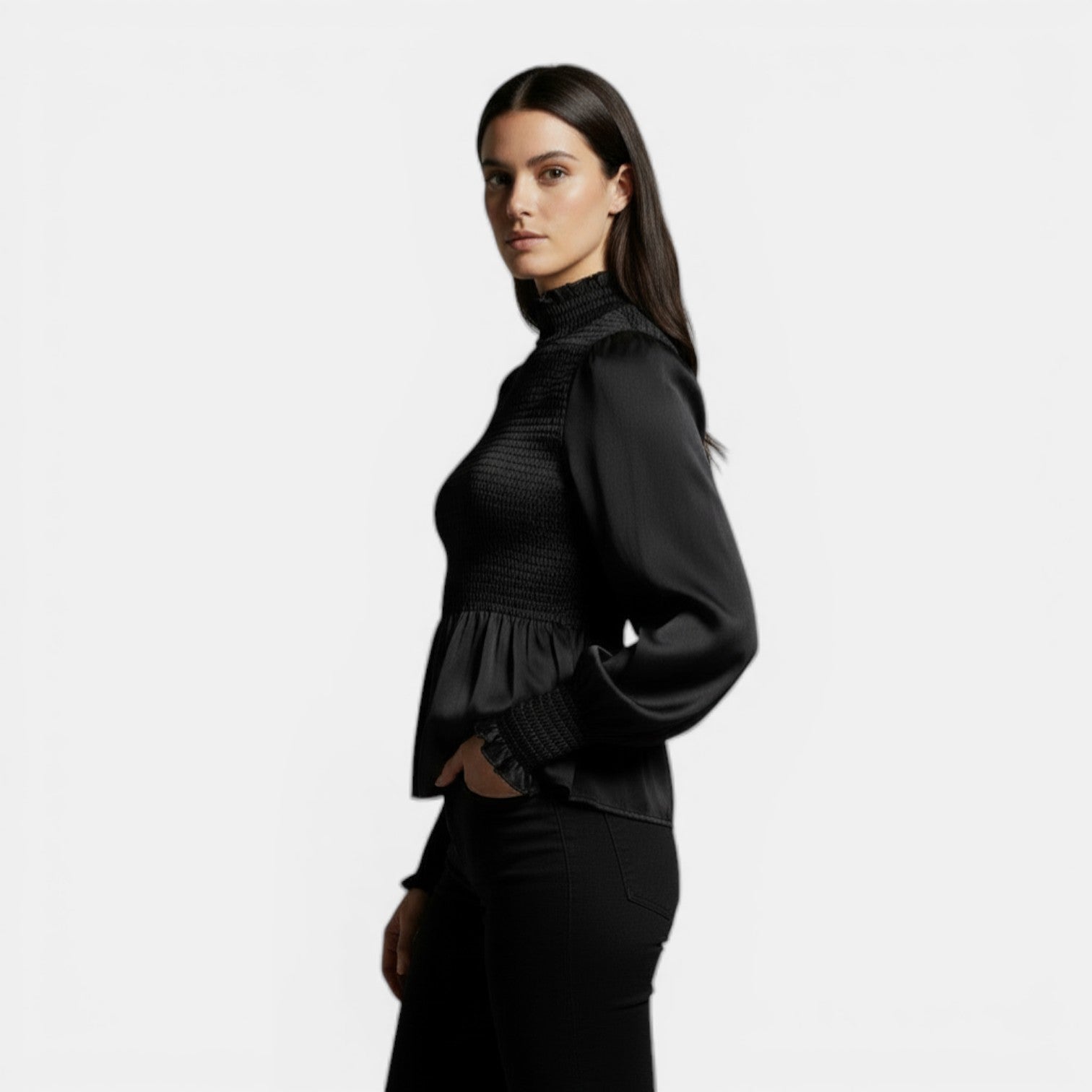 Camiseta Mujer Elegante Cuello Alto Manga Larga Casual